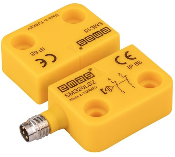 Магнитный датчик Emas 2НЗ, разъём M8_4, расстояние срабатывания 5мм, левый выход, IP68 SMS20LSZ-S15 1