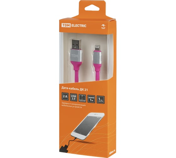 Дата-кабель TDM ELECTRIC ДК 21, USB - Lightning, 1 м, силиконовая оплетка, розовый, SQ1810-0321