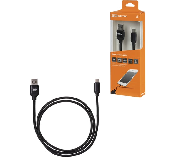 Дата-кабель TDM ДК 8, USB - USB Type-C, 1 м, тканевая оплетка, черный, SQ1810-0308