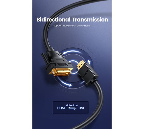 Кабель Ugreen hd106 hdmi male to dvi(24+1) round cable, длина: 1м. цвет: черный 30116_
