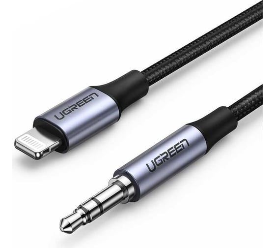 Кабель Ugreen us315 lightning to 3.5mm aux cable aluminum shell в оплетке, длина 1 м. цвет: черный 70509 1