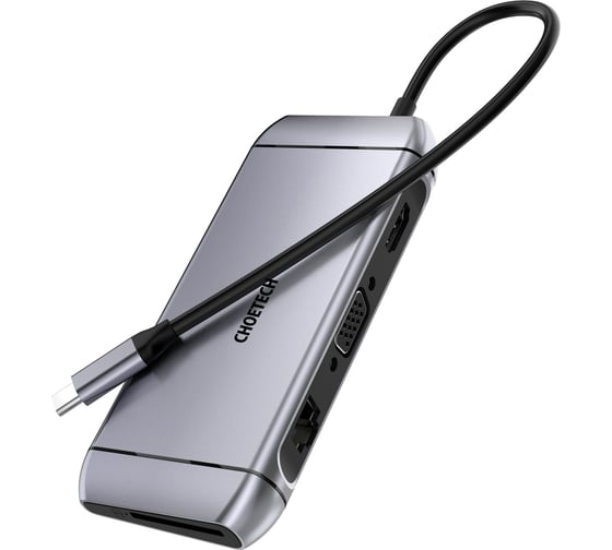 USB-C концентратор 9-в-1 Choetech 1xRJ45, 1xVGA, 1xHDMI, 1xUSB-C, 1xTF, 1xSD, 3xUSB-A 3.0, 1xUSB-C PD, цвет серый (HUB-M15) HUB-M15-GY-V2 1