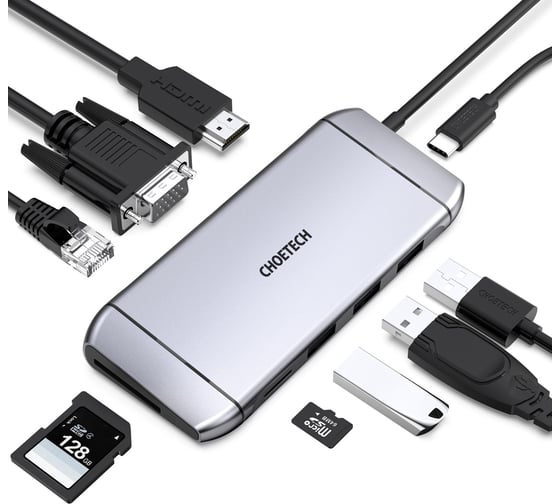 USB-C концентратор 9-в-1 Choetech 1xRJ45, 1xVGA, 1xHDMI, 1xUSB-C, 1xTF, 1xSD, 3xUSB-A 3.0, 1xUSB-C PD, цвет серый (HUB-M15) HUB-M15-GY-V2