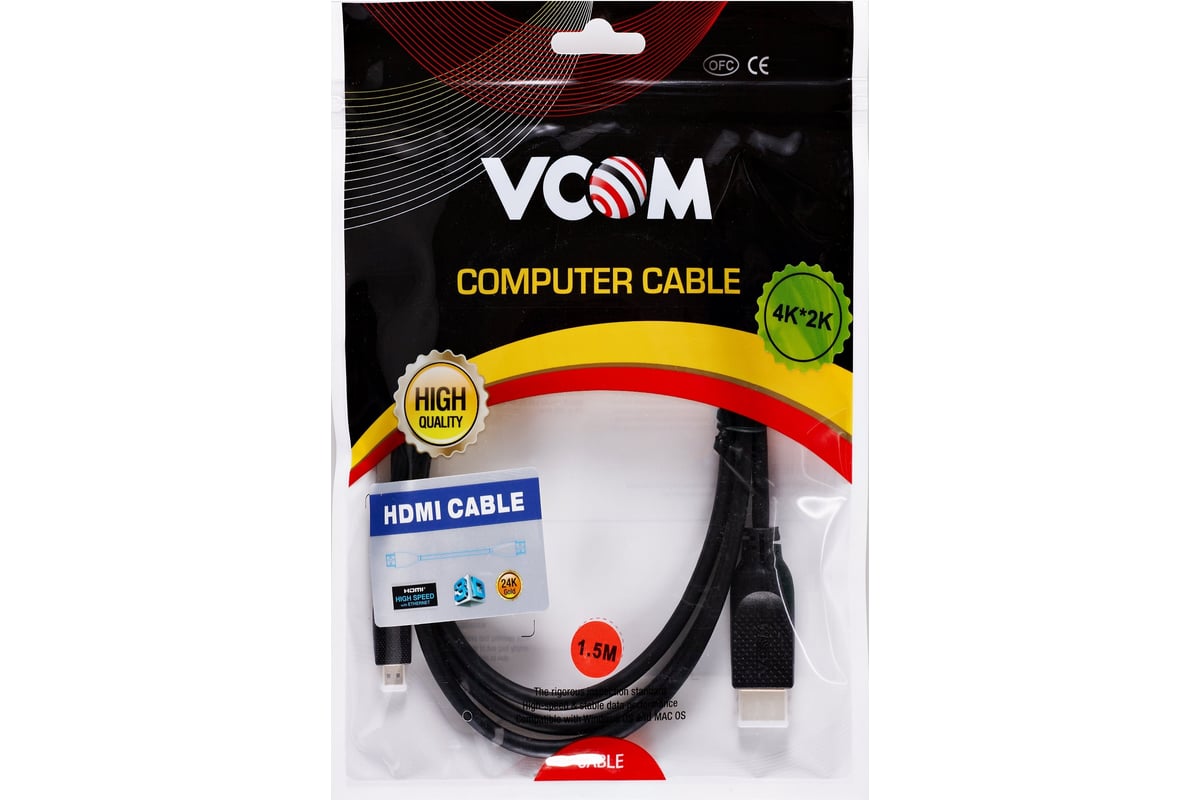 Кабель VCOM hdmi 19m - micro hdmi 19m, ver 2.0, 1.5m, медь CG587-1.5M -  выгодная цена, отзывы, характеристики, фото - купить в Москве и РФ