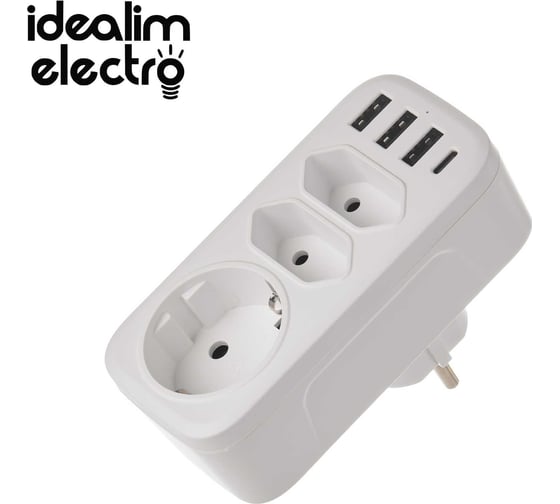 Тройник с тпс idealim Adapter-3r-3usb-1typeC-white