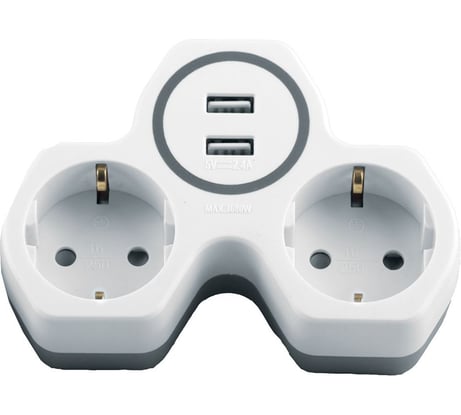 Cетевой разветвитель STEKKER два выхода с заземляющим контактом, 250V 16A и двумя USB выходами 32872