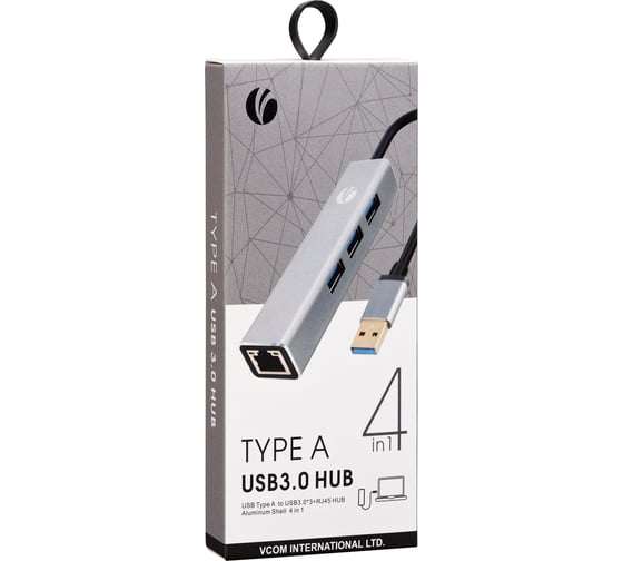 Переходник VCOM usb 3.0 - rj-45 1000mbps и 3хusb 3.0 aluminum shell 0.2m DH312A