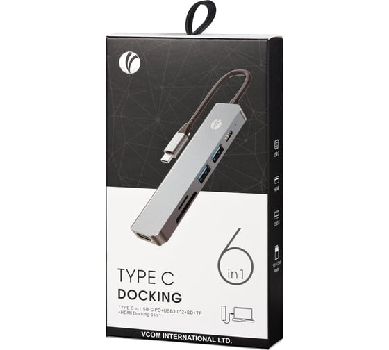 Aдаптер VCOM type cm - hdmi 4k 30hz и 2хusb 3.0 и tf и sd и pd alumishell CU4371