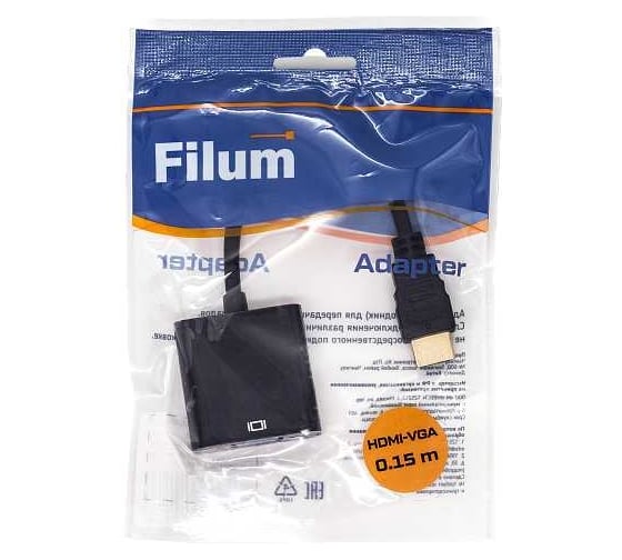 Адаптер Filum 0,15 м, разъемы: hdmi a male-vga female, пакет FL-A-HM-VGAF-0,15M