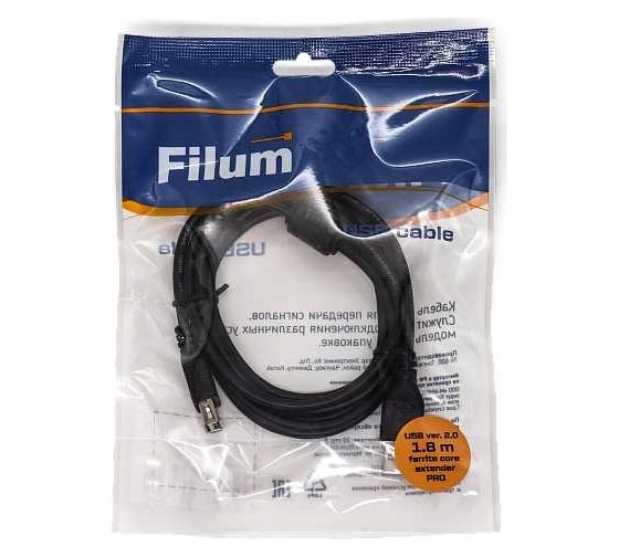 Интерфейсный кабель Filum usb 2,0 1,8 м, usb 2,0 pro, ферритовое кольцо, черный, разъемы: usb a male-usb a female, пакет FL-CPro-U2-AM-AF-F1-1,8M