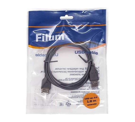Интерфейсный кабель Filum usb 2,0 1,8 м, usb 2,0, серый, разъемы: usb a male-usb a female, пакет FL-C-U2-AM-AF-1,8M