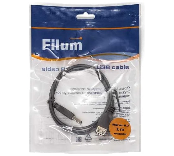 Интерфейсный кабель Filum usb 2,0 1 м, usb 2,0, серый, разъемы: usb a male-usb a female, пакет FL-C-U2-AM-AF-1M