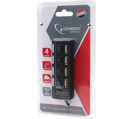 Концентратор Gembird USB 2.0 с подсветкой и выключателем, 4 порта, блистер UHB-U2P4-02