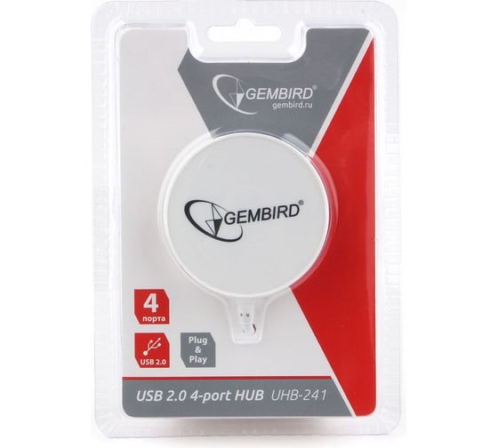 Концентратор Gembird USB 2.0, 4 порта, блистер, белый UHB-241