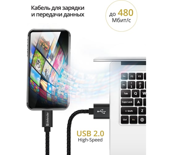 USB кабель Defender ACH01-03T PRO USB2.0 Черный, AM-LightningM, 1m,2.1A 87808