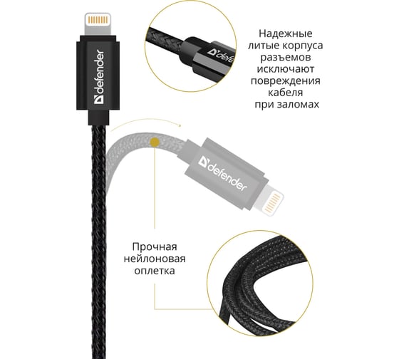 USB кабель Defender ACH01-03T PRO USB2.0 Черный, AM-LightningM, 1m,2.1A 87808