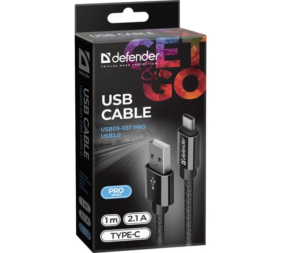 USB кабель Defender USB09-03T PRO USB2.0 Черный, AM-Type-C, 1m, 2.1A 87814