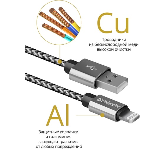 USB кабель Defender ACH01-03T PRO USB2.0 Белый, AM-LightningM, 1m, 2.1A 87809