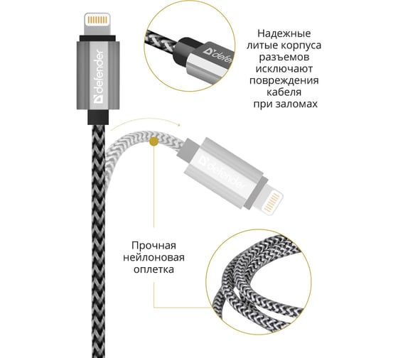 USB кабель Defender ACH01-03T PRO USB2.0 Белый, AM-LightningM, 1m, 2.1A 87809