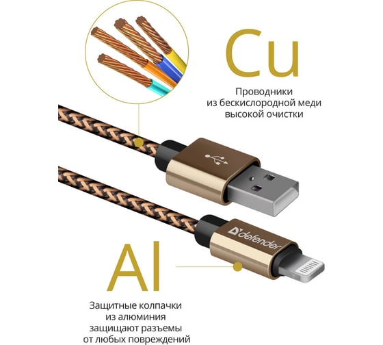 USB кабель Defender ACH01-03T PRO USB2.0 Золотой, AM-LightningM,1m,2.1А 87806