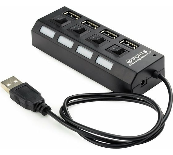 Концентратор Gembird USB 2.0 с подсветкой и выключателем, 4 USB порта, черный блистер UHB-243-AD