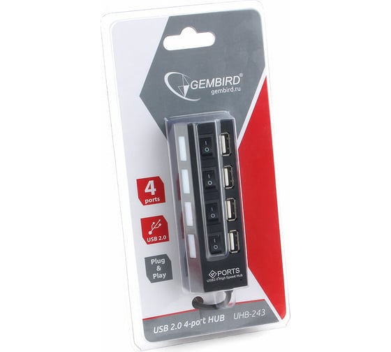 Концентратор Gembird USB 2.0 с подсветкой и выключателем, 4 USB порта, черный блистер UHB-243-AD