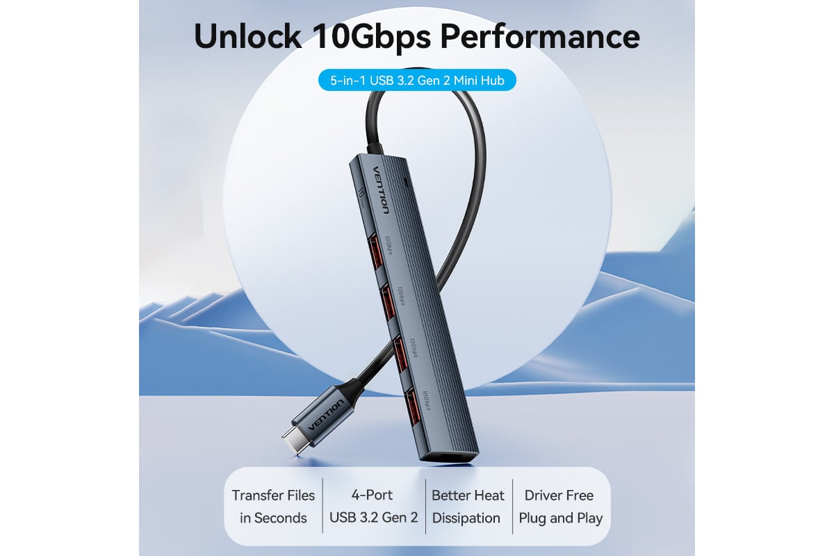 Концентратор VENTION OTG USB 3.2 Gen 2 Type-C на 4 USB порта + USB-C PD  Серый - 0.15м. CKHHB