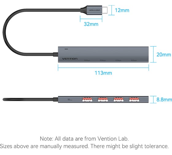 Концентратор VENTION OTG USB 3.2 Gen 2 Type-C на 4 USB порта + USB-C PD Серый - 0.15м. CKHHB