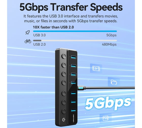 Концентратор VENTION OTG USB 3.0 на 7 портов Черный CHXB0
