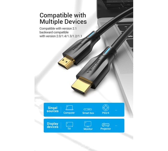 Кабель HDMI VENTION Ultra High Speed v2.1 with Ethernet 19M/19M - 2м AANBH