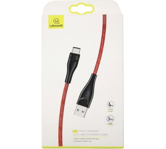 Дата-кабель USAMS -SJ398 USB - Type-C, 3 м, нейлоновая оплетка, красный (SJ398USB02) УТ000021064