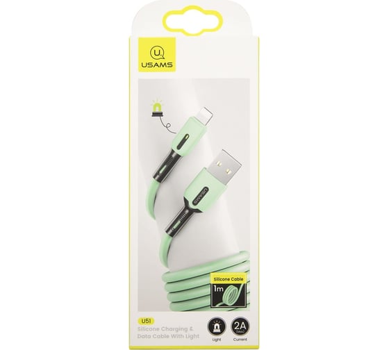 Дата-кабель USAMS -SJ431 USB - Lightning, с индикатором, 1 м, силиконовый, мятный (SJ431USB03) УТ000021046
