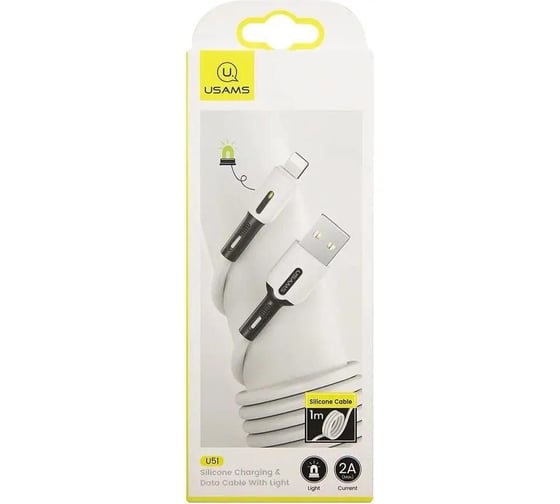Дата-кабель USAMS -SJ431 USB - Lightning, с индикатором, 1 м, силиконовый, белый (SJ431USB01) УТ000021044