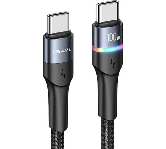 Дата-кабель USAMS US-SJ537 U76 Type-C - Type-C, PD 100W, 5А, подсветка, нейлоновая оплетка, черный (SJ537USB01) УТ000029552
