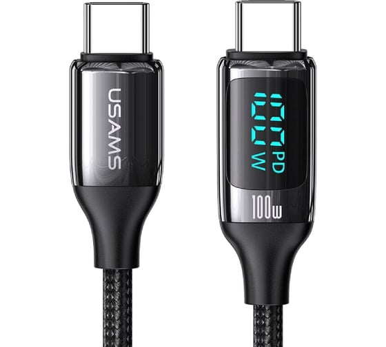 Дата-кабель USAMS US-SJ546 U78 Type-C - Type-C, PD 100W, 5А, LED дисплей, нейлоновая оплетка, черный(SJ546USB01) УТ000029554