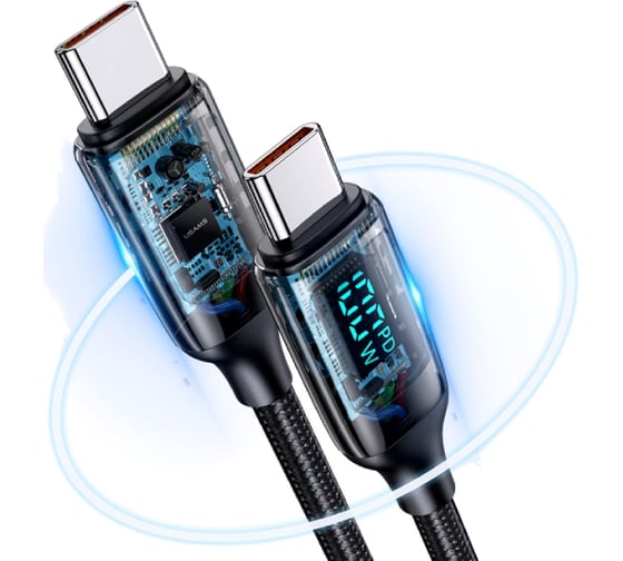 Дата-кабель USAMS US-SJ546 U78 Type-C - Type-C, PD 100W, 5А, LED дисплей, нейлоновая оплетка, черный(SJ546USB01) УТ000029554