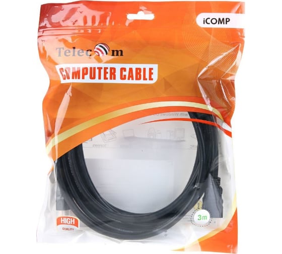 Кабель Telecom HDMI-19M --- HDMI-19M, ver 2.0+3D/Ethernet, 2 фильтра, 3m TCG200F-3M
