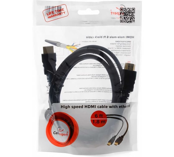 Кабель Cablexpert HDMI 19M/19M, v2.0, медь, позол.контакты, экран, 1.8м, черный, пакет, CC-HDMI4-6
