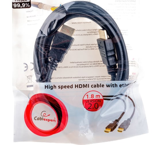 Кабель Cablexpert HDMI 19M/19M, v2.0, медь, позол.контакты, экран, 1.8м, черный, пакет, CC-HDMI4-6