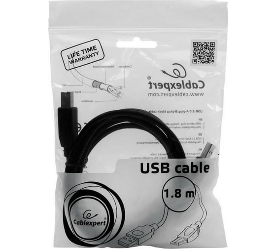 Кабель Cablexpert USB 2.0 Pro AM/BM, 1.8м, экран, черный, пакет CCP-USB2-AMBM-6