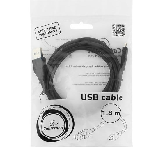 Кабель Cablexpert USB 2.0 Pro AM/microBM 5P, 1.8м, экран, черный, пакет CCP-mUSB2-AMBM-6