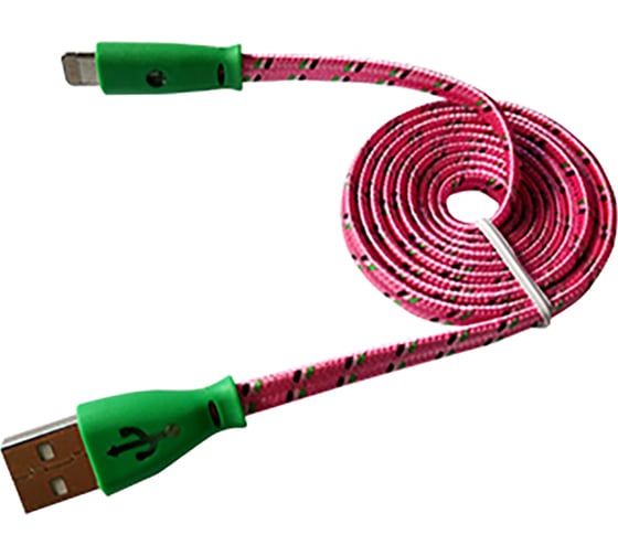 Кабель REXANT USB светящиеся разъемы для iPhone 5/6/7 моделей шнур шелк плоский1М розовый 18-4258 1
