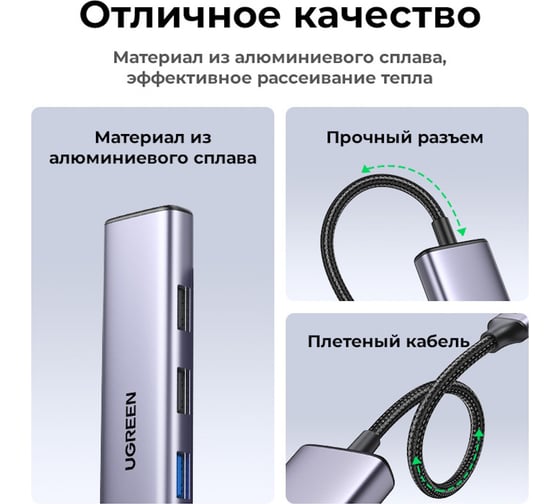 USB концентратор (хаб) Ugreen USB-C To HDMI, 1xUSB3.0 A, 2xUSB2.0 A, PD Power Converter, цвет серебристый 15495