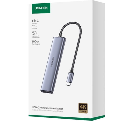 USB концентратор (хаб) Ugreen USB-C To HDMI, 1xUSB3.0 A, 2xUSB2.0 A, PD Power Converter, цвет серебристый 15495