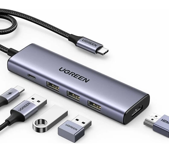 USB концентратор (хаб) Ugreen USB-C to HDMI, 3хUSB 3.0 A, PD Power Converter, цвет серый космос 15597 1