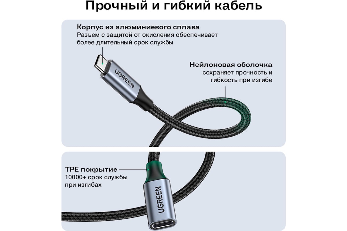 Кабель Ugreen US372 USB-C 3.1 Male - USB-C Female Gen2 удлинитель, 1м ...