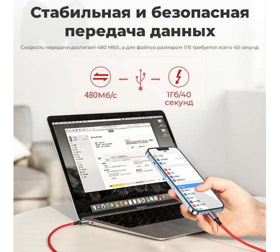 Кабель Ugreen Type-C Male to lightning Male Cable Alu Case Braided, длина 1 м, красный 20309