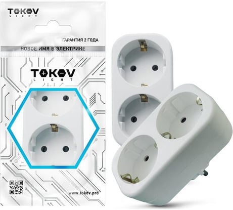 Разветвитель TOKOV ELECTRIC 2-местный с заземлением 16А 250В IP20 полипропилен белый TKL-S2Z-C01