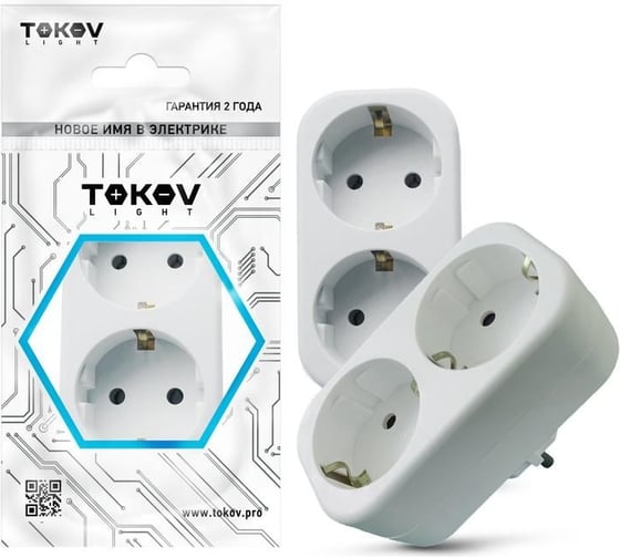 Разветвитель TOKOV ELECTRIC 2-местный с заземлением 16А 250В IP20 полипропилен белый TKL-S2Z-C01