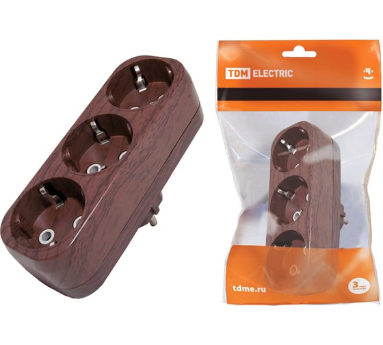 Блок TDM ELECTRIC на 3 гнезда 2П б/з плоский 6А 250B Эко бук SQ1806-0080 1